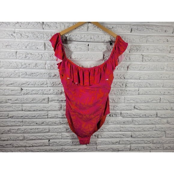 Mynah Womens Swimsuit XXL One Piece Open Back Pink Tropical Wide Strap FLO69E - Picture 1 of 11